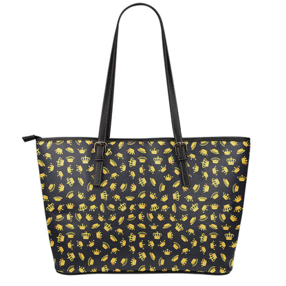 Gold Crown Pattern Print Leather Tote Bag
