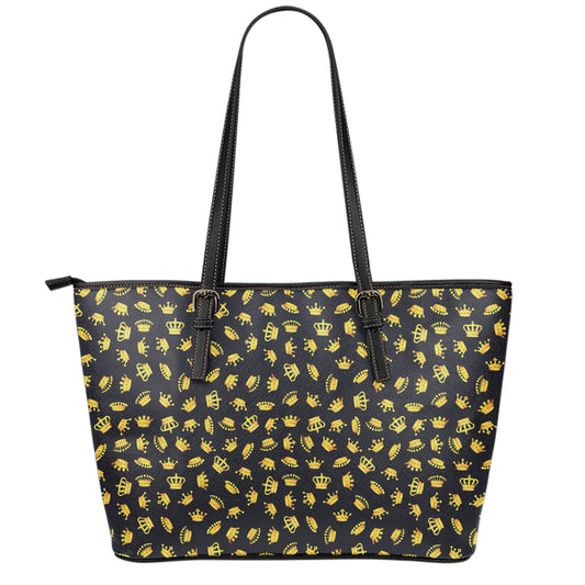 Gold Crown Pattern Print Leather Tote Bag