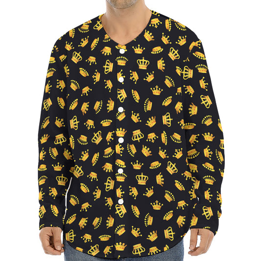 Gold Crown Pattern Print Long Sleeve Baseball Jersey