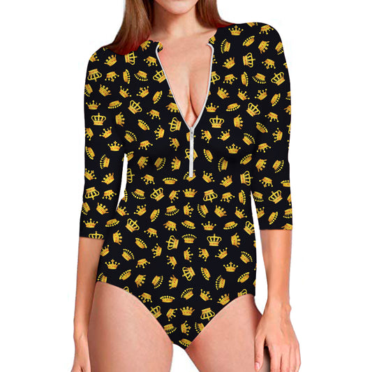 Gold Crown Pattern Print Long Sleeve Swimsuit