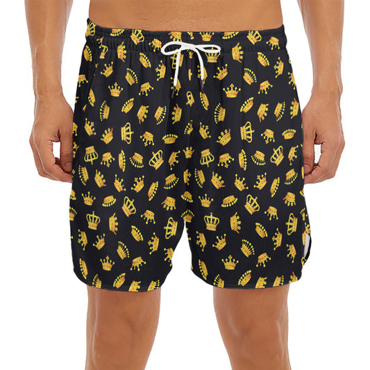 Gold Crown Pattern Print Men's Split Running Shorts