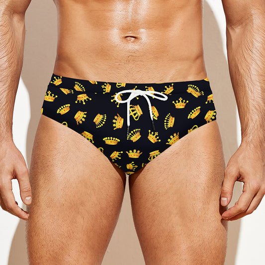 Gold Crown Pattern Print Men's Swim Briefs