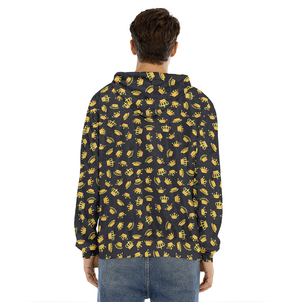 Gold Crown Pattern Print Men's Velvet Pullover Hoodie