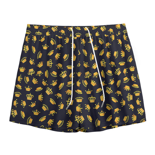 Gold Crown Pattern Print Mesh Shorts