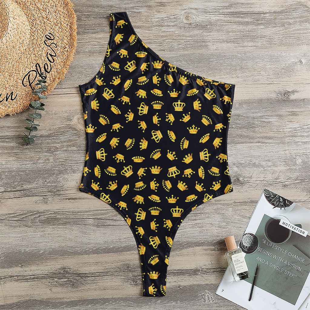 Gold Crown Pattern Print One Shoulder Bodysuit