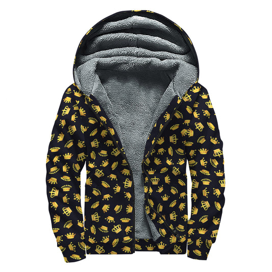 Gold Crown Pattern Print Sherpa Lined Zip Up Hoodie