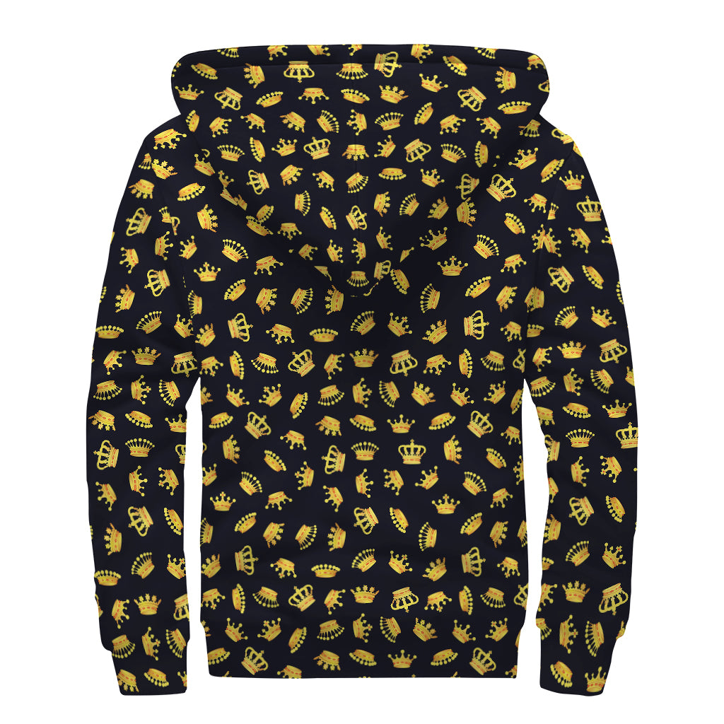 Gold Crown Pattern Print Sherpa Lined Zip Up Hoodie