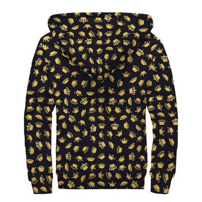 Gold Crown Pattern Print Sherpa Lined Zip Up Hoodie