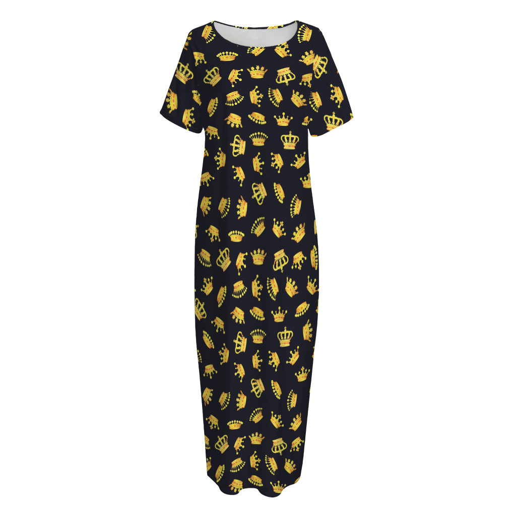 Gold Crown Pattern Print Short Sleeve Long Nightdress