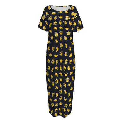 Gold Crown Pattern Print Short Sleeve Long Nightdress