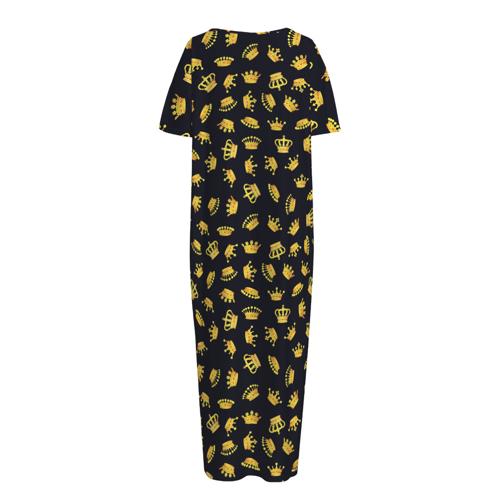 Gold Crown Pattern Print Short Sleeve Long Nightdress