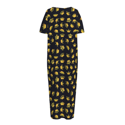 Gold Crown Pattern Print Short Sleeve Long Nightdress
