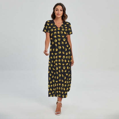 Gold Crown Pattern Print Short Sleeve Maxi Dress