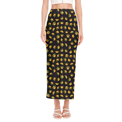 Gold Crown Pattern Print Side Slit Maxi Skirt