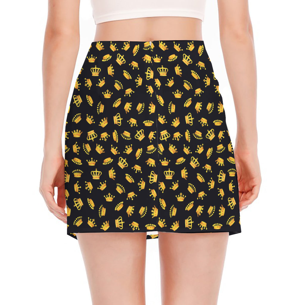 Gold Crown Pattern Print Side Slit Mini Skirt