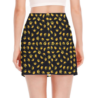Gold Crown Pattern Print Side Slit Mini Skirt