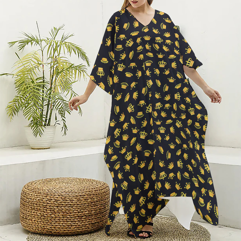Gold Crown Pattern Print Silk V-Neck Kaftan Dress