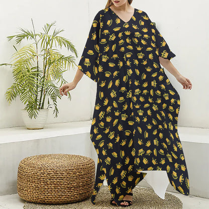 Gold Crown Pattern Print Silk V-Neck Kaftan Dress