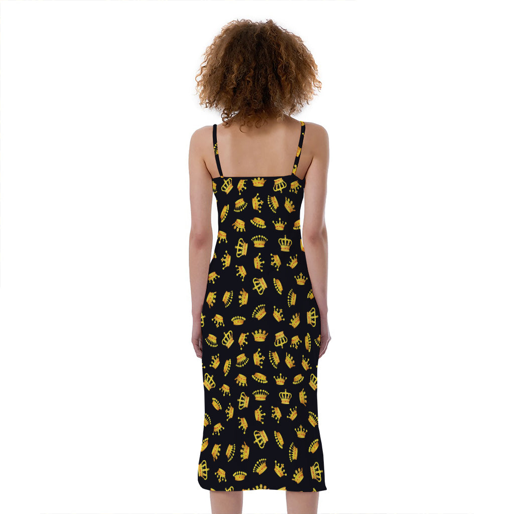 Gold Crown Pattern Print Slim Fit Midi Cami Dress