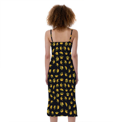 Gold Crown Pattern Print Slim Fit Midi Cami Dress