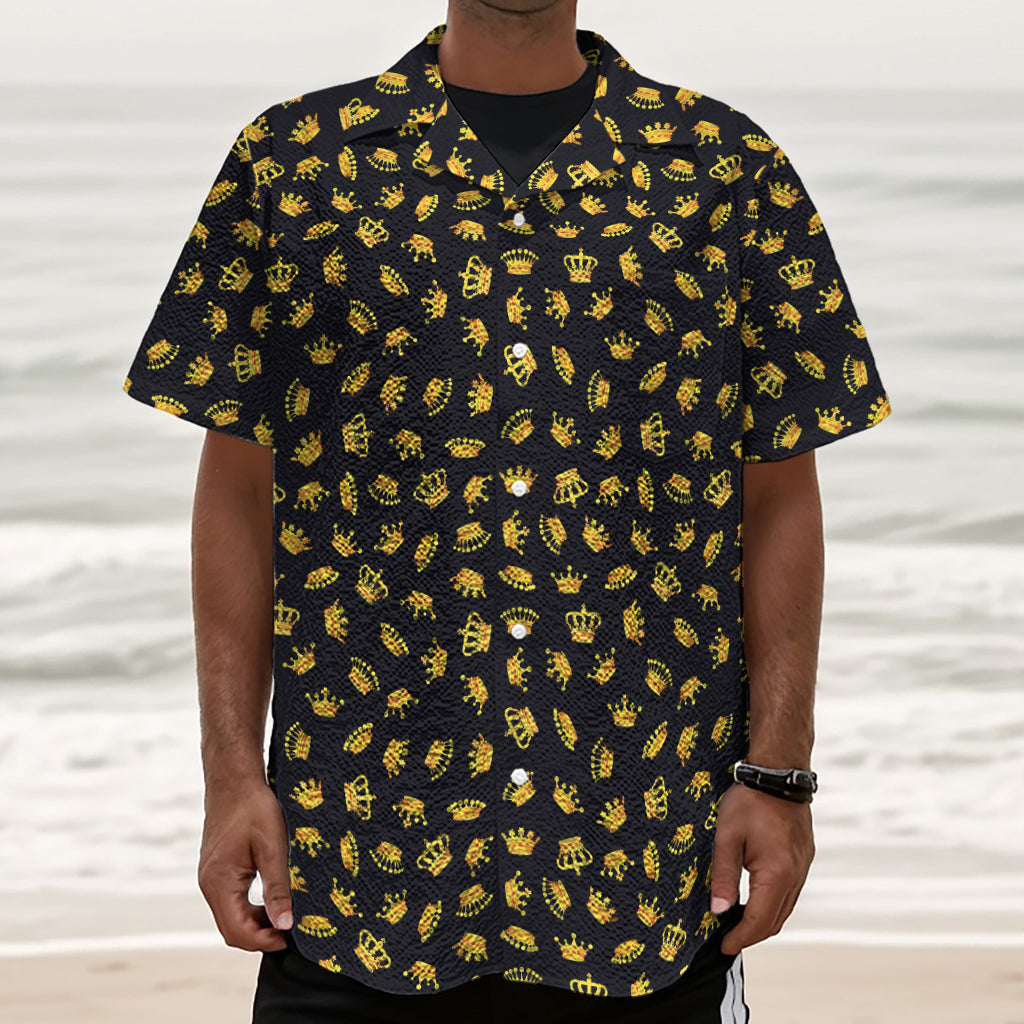 Gold Crown Pattern Print Textured Short Sleeve Shirt