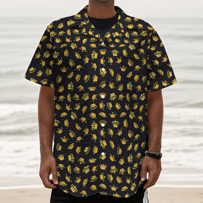 Gold Crown Pattern Print Textured Short Sleeve Shirt