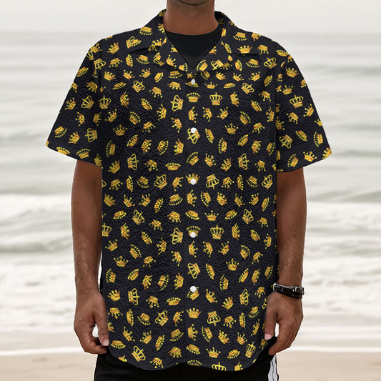 Gold Crown Pattern Print Textured Short Sleeve Shirt
