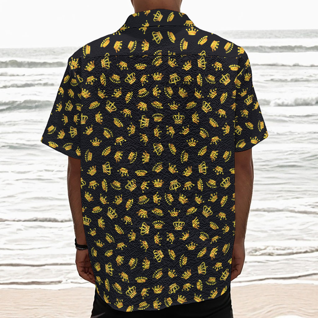 Gold Crown Pattern Print Textured Short Sleeve Shirt