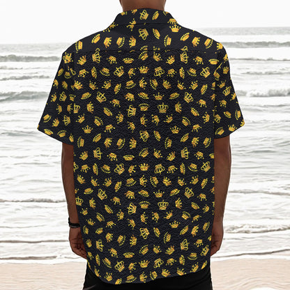 Gold Crown Pattern Print Textured Short Sleeve Shirt