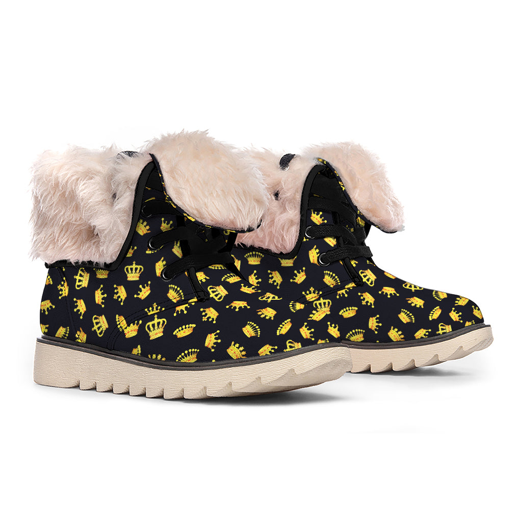 Gold Crown Pattern Print Winter Boots