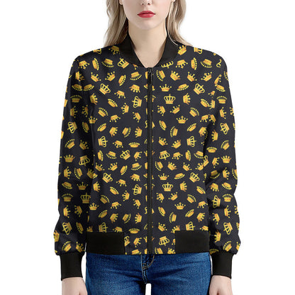 Gold Crown Pattern Print Women's Bomber Jacket