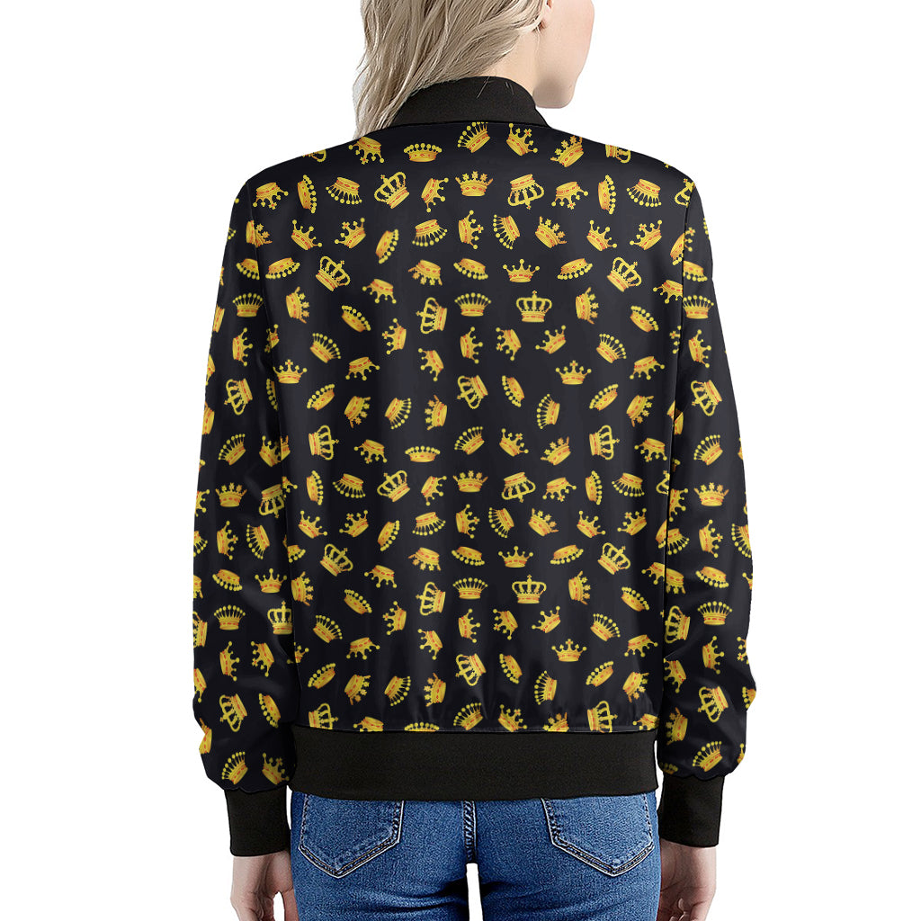 Gold Crown Pattern Print Women's Bomber Jacket