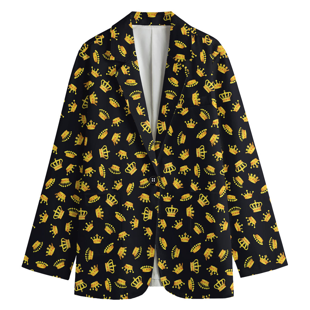Gold Crown Pattern Print Women's Cotton Blazer
