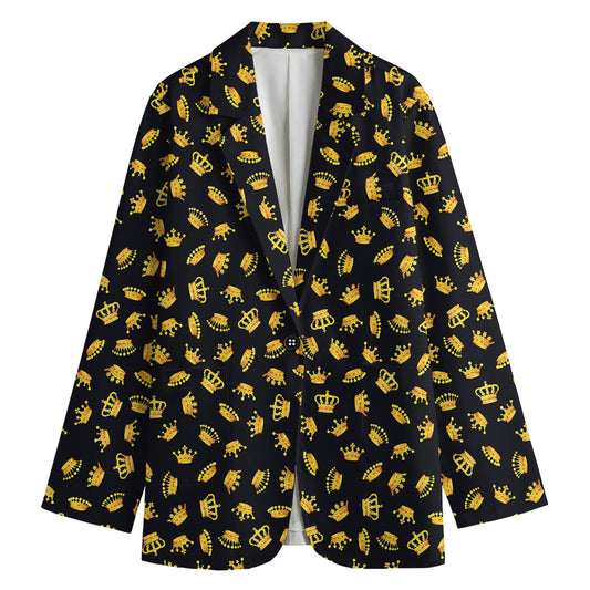 Gold Crown Pattern Print Women's Cotton Blazer