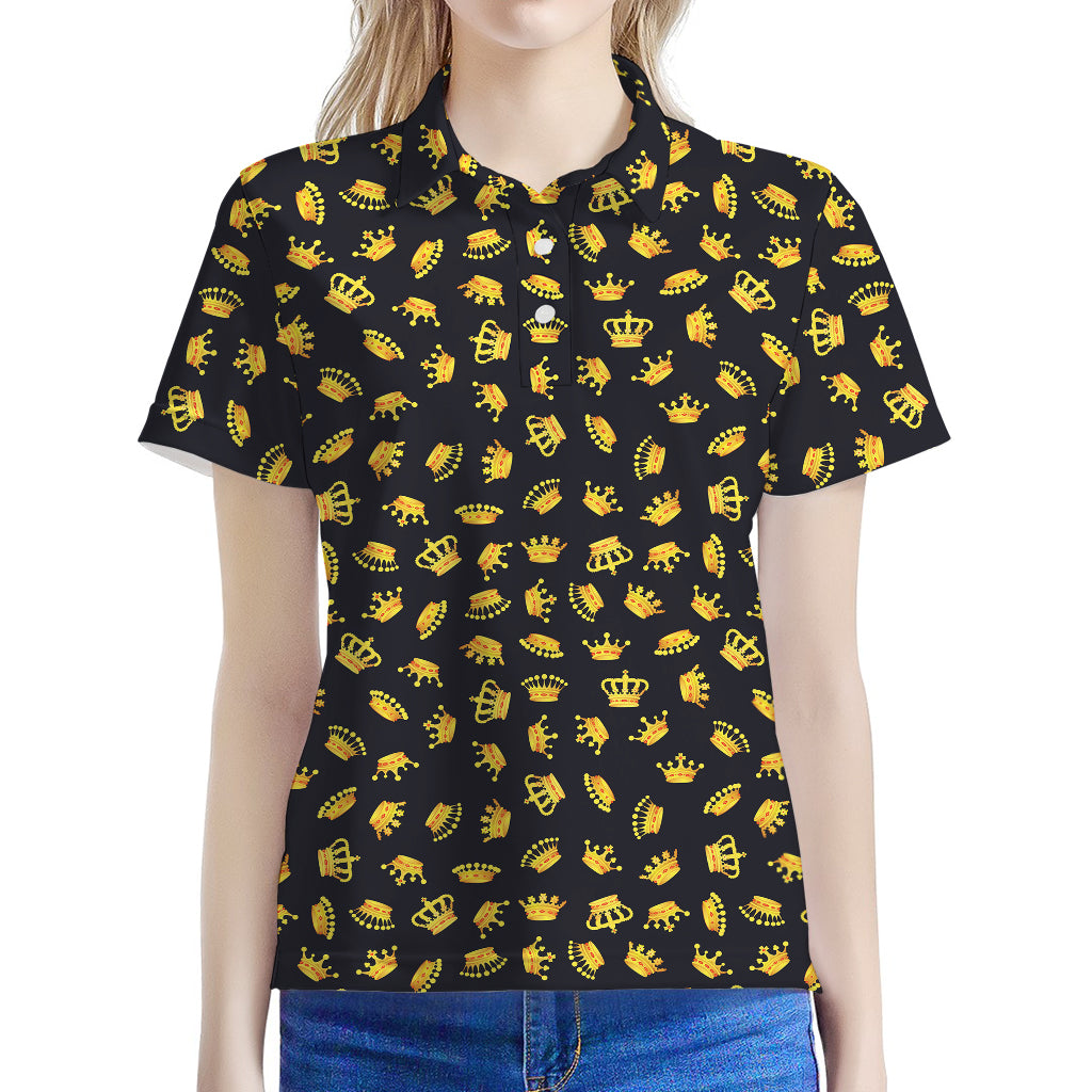 Gold Crown Pattern Print Women's Polo Shirt