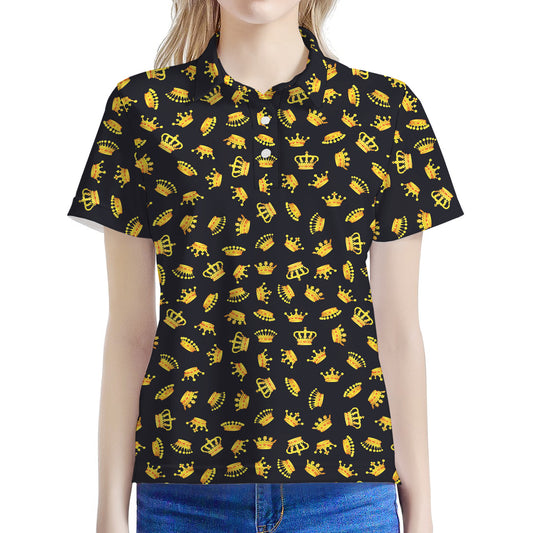 Gold Crown Pattern Print Women's Polo Shirt