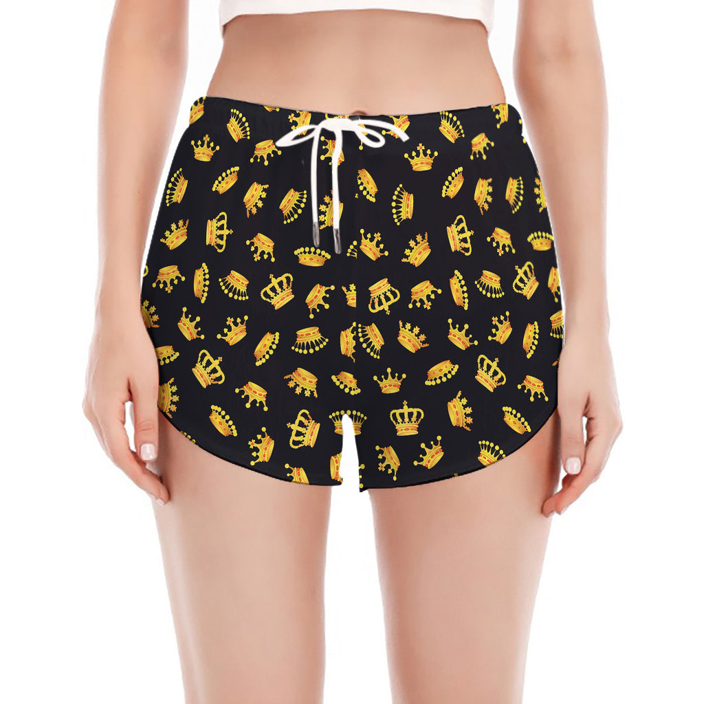 Gold Crown Pattern Print Women's Split Running Shorts