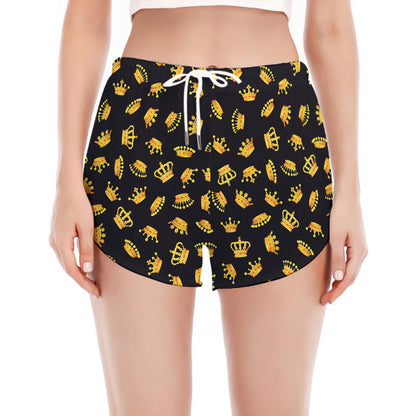 Gold Crown Pattern Print Women's Split Running Shorts