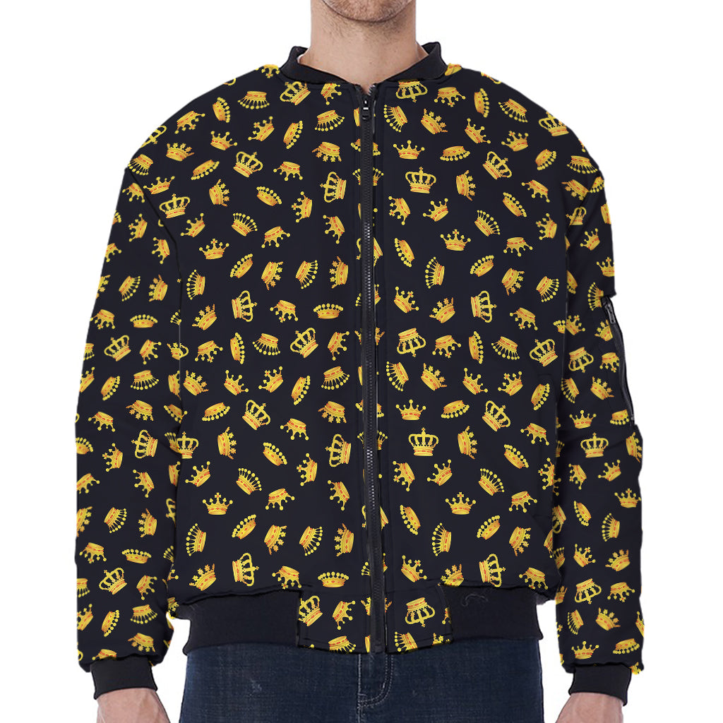 Gold Crown Pattern Print Zip Sleeve Bomber Jacket