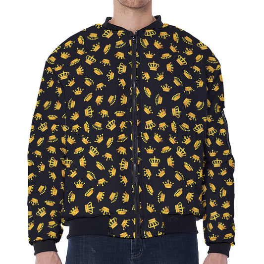 Gold Crown Pattern Print Zip Sleeve Bomber Jacket
