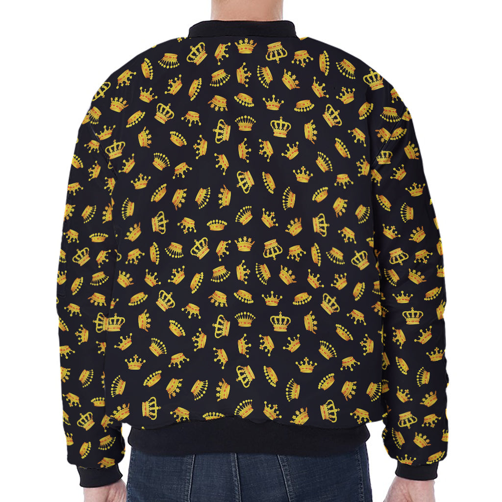 Gold Crown Pattern Print Zip Sleeve Bomber Jacket
