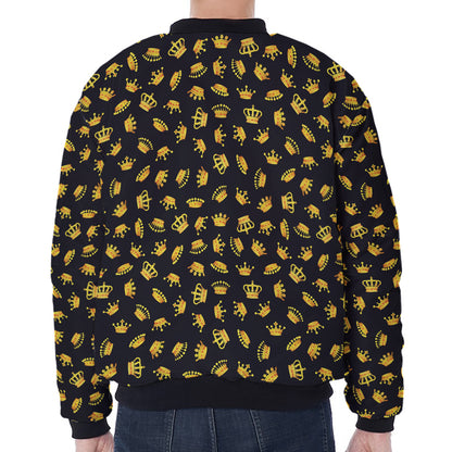 Gold Crown Pattern Print Zip Sleeve Bomber Jacket