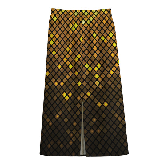 Gold Disco Lights Pattern Print Cotton Front Slit Maxi Skirt