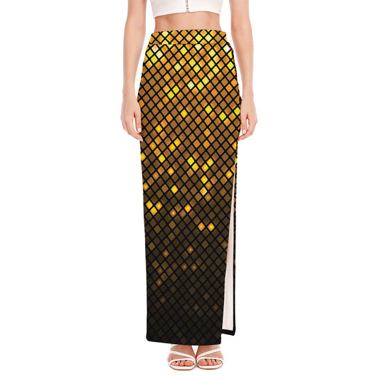 Gold Disco Lights Pattern Print High Slit Maxi Skirt