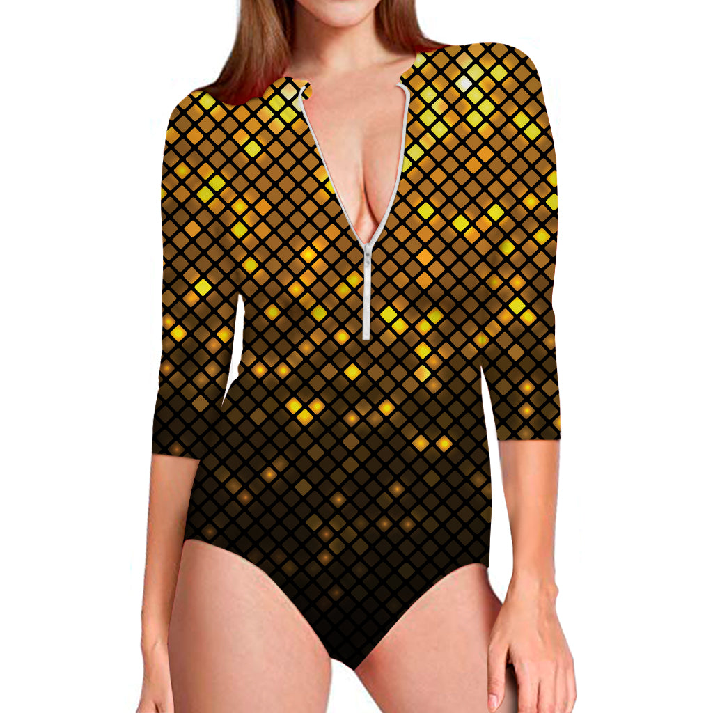 Gold Disco Lights Pattern Print Long Sleeve Swimsuit