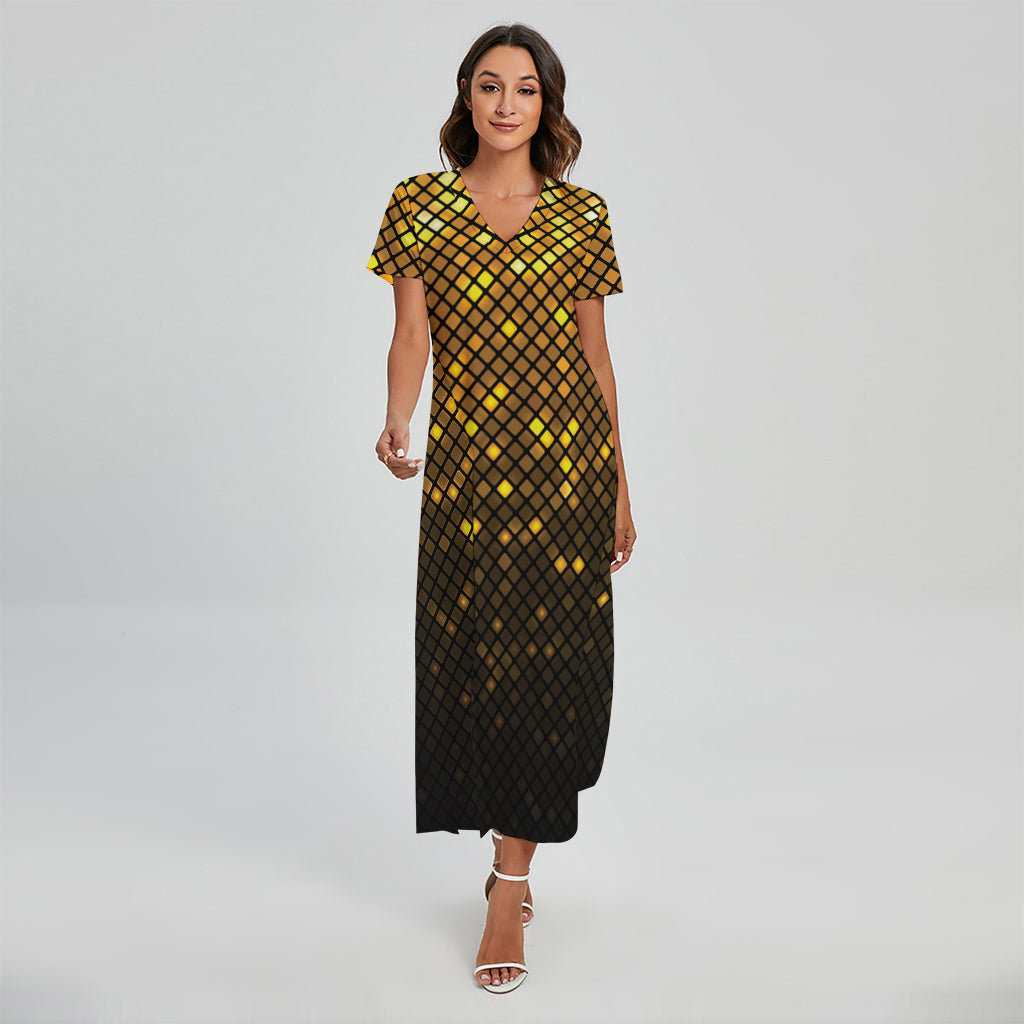 Gold Disco Lights Pattern Print Short Sleeve Maxi Dress