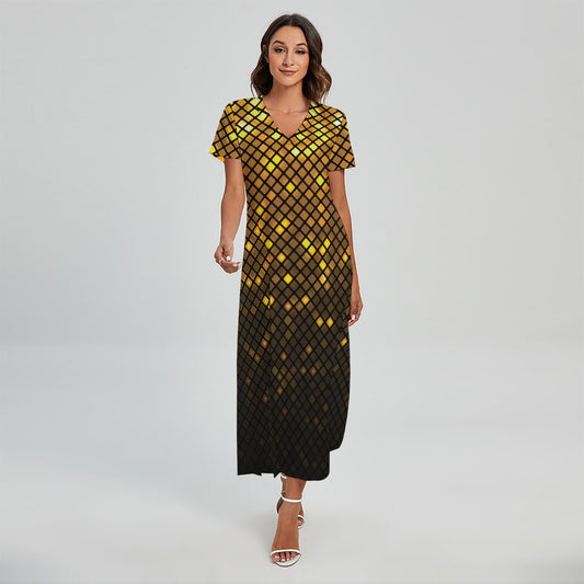Gold Disco Lights Pattern Print Short Sleeve Maxi Dress