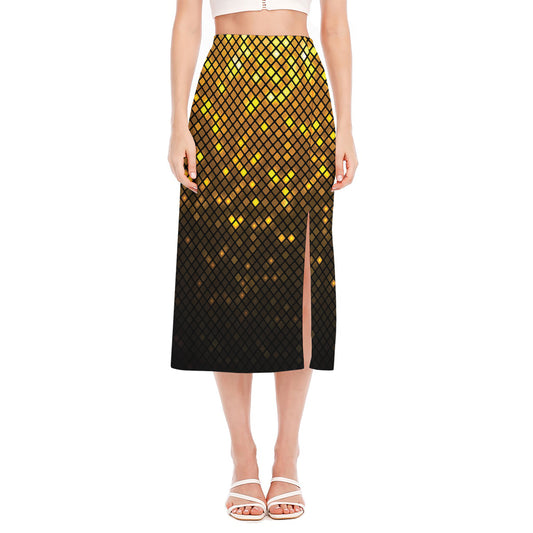Gold Disco Lights Pattern Print Side Slit Midi Skirt