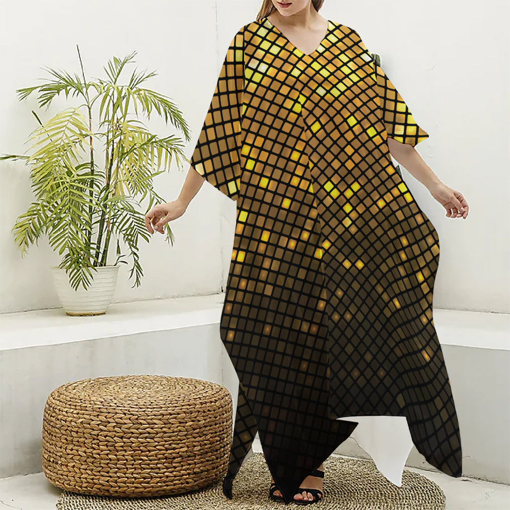 Gold Disco Lights Pattern Print Silk V-Neck Kaftan Dress