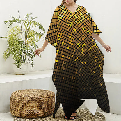 Gold Disco Lights Pattern Print Silk V-Neck Kaftan Dress